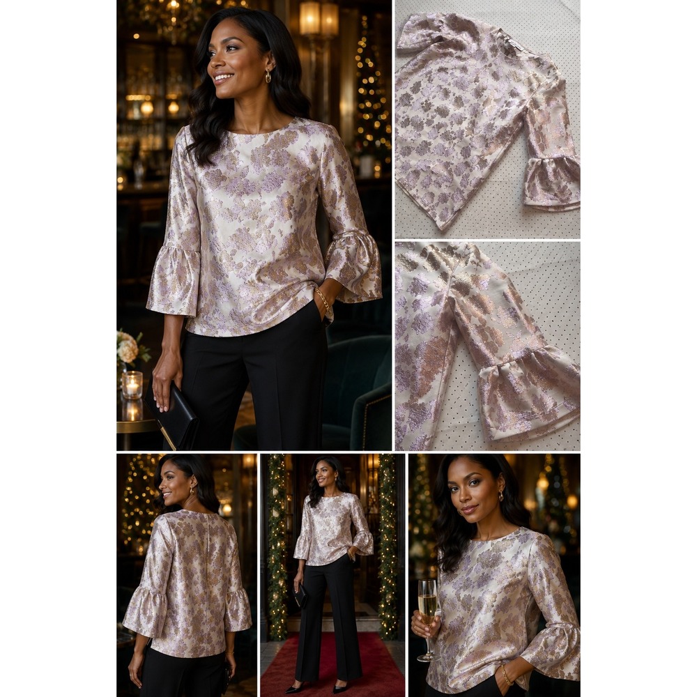 Caroline Rose Metallic Floral Jacquard Blouse L Bell Sleeve Cocktail Holiday